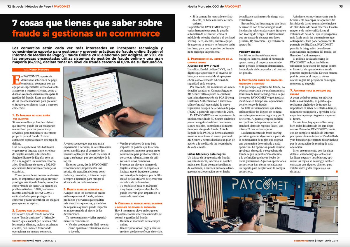 paycomet's tweet photo. "7 cosas que tienes que saber sobre #fraude si gestionas un #ecommerce". Artículo imprescindible de Noelia Morgade, COO de @paycomet en el especial #mediosdepago de @Ecommerce_es ⚠️💻 💳 #fintech #fraudmanager https://t.co/BHPsKrVjZp
