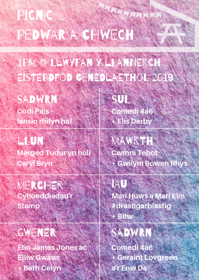 Noson4a6's tweet photo. Da chi'n mynd i'r @Eisteddfod eleni? Piciwch draw i Picnic 4a6! 

Pob dydd am 1pm ar Lwyfan y Llannerch - gwledd o gerddoriaeth, sgyrsiau, comedi a mwy

https://t.co/pYFyH03mWU https://t.co/hQuD4OTxU1