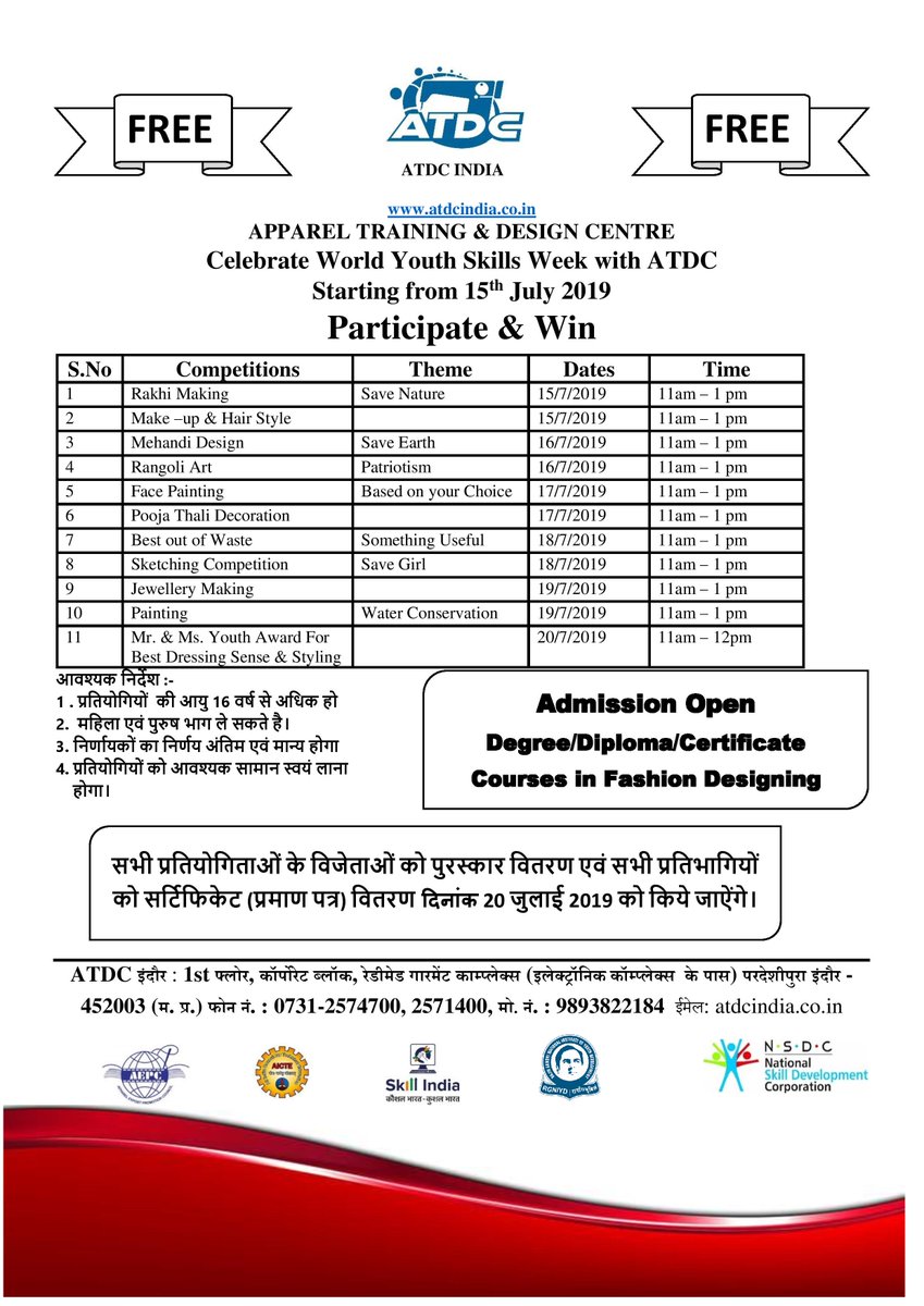 AtdcIndore's tweet photo. #ATDC #Participate #WorldYouthSkillsDay #Join #Register #Competition #Win #Fashion #Mehandi #Rangoli #Makeup #hairstyle #facepainting #poojathalidecoration #jewelleymaking #painting #sketching #bestoutofwaste #bestdressingsense #facepainting #rakhimaking #registernow #showurskill https://t.co/1yP1T5qwZl