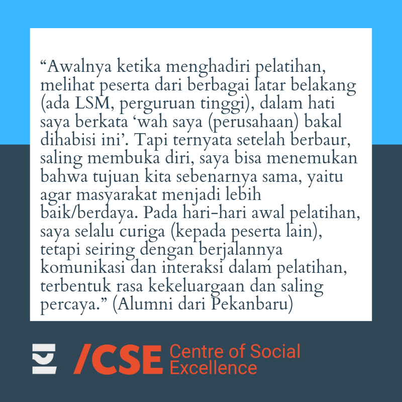 Perubahan perspektif mengenai proses kolaborasi adalah satu hal yang dibangun dalam kegiatan kami.

Yuks yang mau jadi spesialist sosial dalam isu Pengelolaan SDA di Indonesia cek informasi mengenai S3 PSDA-B ya. Silahkan kontak kami untuk informasi lebih lanjut.

#CSEIndonesia