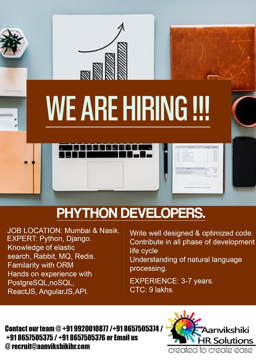 RajanSheena's tweet image. Contact our team @ +91 9920010877 /+91 8657505374 / +91 8657505375 / +91 8657505376  or Email us @ recruit@aanvikshikihr.com #jobs #ineedjob #help #wearehiring #phythonDevelopers #money