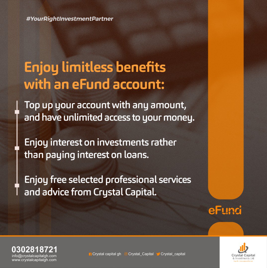 Crystal_Capital's tweet photo. Opening an eFund Account presents you with countless benefits with the ultimate goal being to support you on your entrepreneurial journey.
#eFund
#CrystalCapitalInvestment
#BeMoneySmart
#Invest
#RightPartner
#AskUsHow 0302818721 https://t.co/62Hc018ZZb