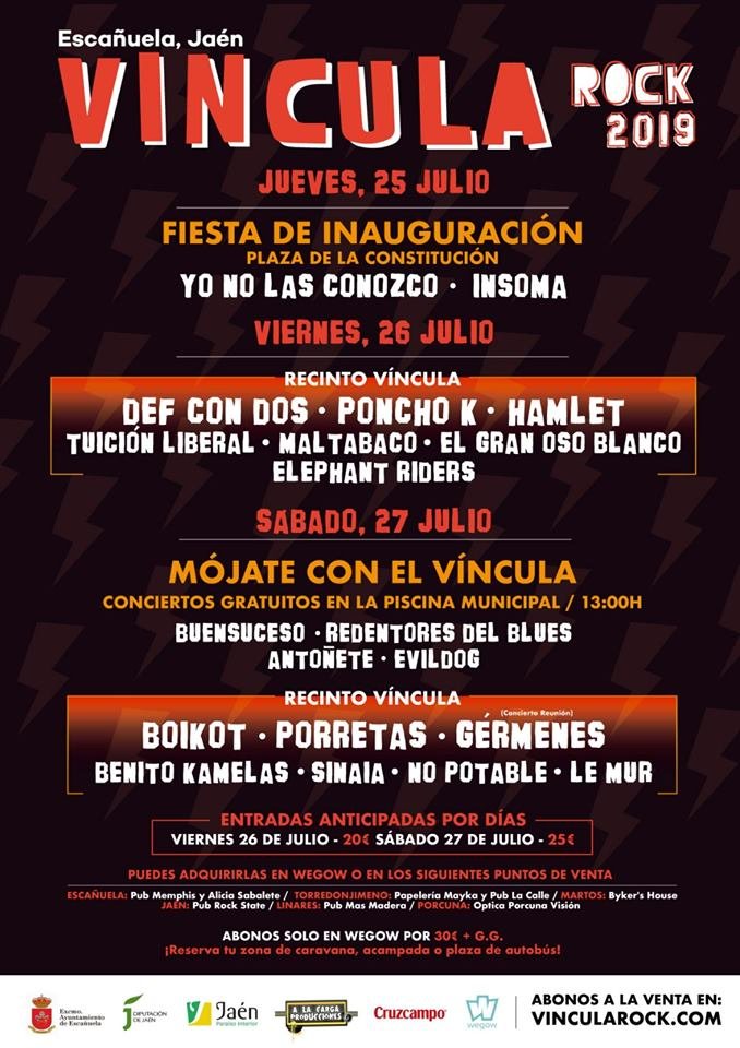 Distribución por días del <a href="/VinculaRockFest/">Festival Víncula Rock</a> de los próximos 25, 26 y 27 de Julio.

25/07: <a href="/YoNoLasConozco/">Yo No Las Conozco</a>| <a href="/INSOMAbanda/">INSOMA</a>

26/07: <a href="/DEF_CON_DOS/">DEF CON DOS</a> | <a href="/kPonchok/">PONCHO K</a> | <a href="/Hamletband/">Hamlet</a> | <a href="/tuicionliberal/">tuicionliberal</a>...

27/07: <a href="/BOIKOTBAND/">BOIKOT</a> | <a href="/Porretas5/">PORRETAS OFICIAL</a> | <a href="/LosGermenes/">GÉRMENES (Oficial)</a> | <a href="/Benitokamelasof/">Benito Kamelas</a> | <a href="/sinaiarock/">[Sinaia]</a>...
