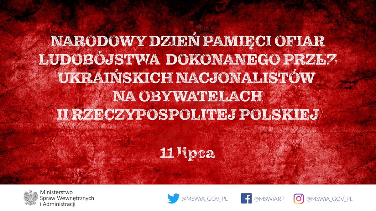 Grafika z czerwonym tłem oraz białym napisem: Narodowy Dzień Pamięci Ofiar Ludobójstwa dokonanego przez ukraińskich nacjonalistów na obywatelach II Rzeczypospolitej Polskiej, 11 lipca.
