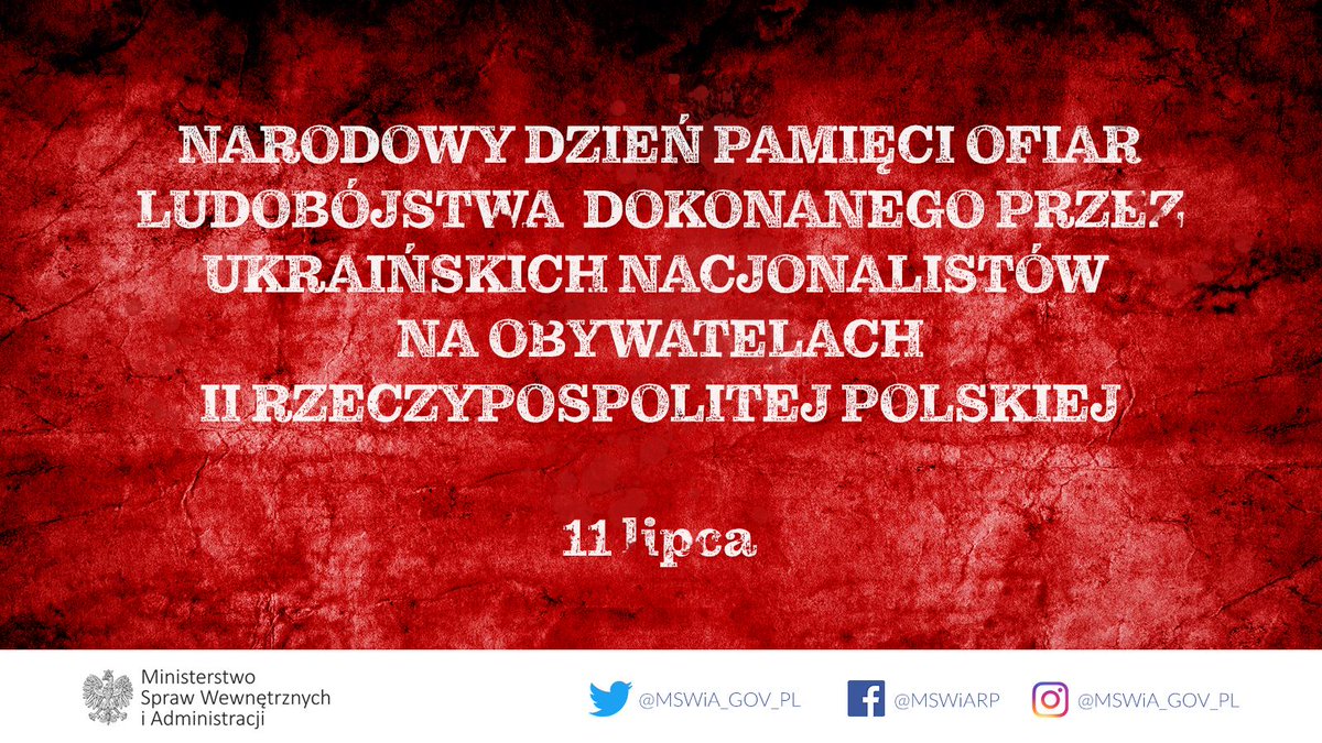 Grafika z czerwonym tłem oraz białym napisem: Narodowy Dzień Pamięci Ofiar Ludobójstwa dokonanego przez ukraińskich nacjonalistów na obywatelach II Rzeczypospolitej Polskiej, 11 lipca.