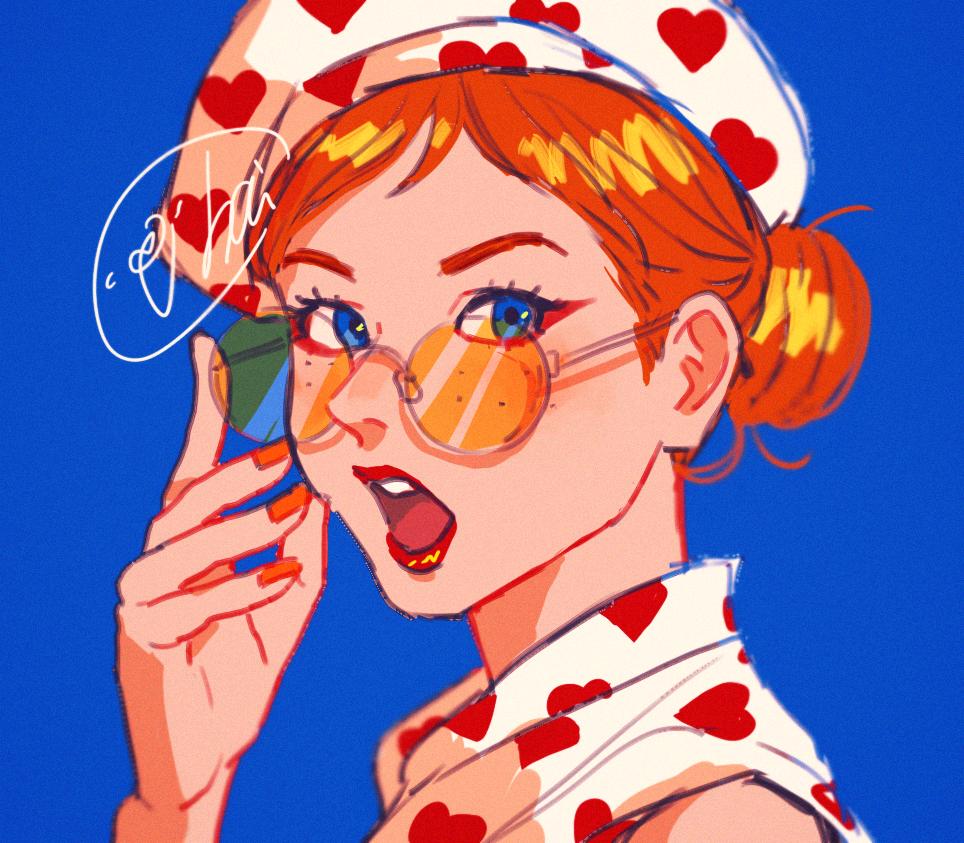 1girl solo tinted eyewear blue eyes heart blue background red nails  illustration images