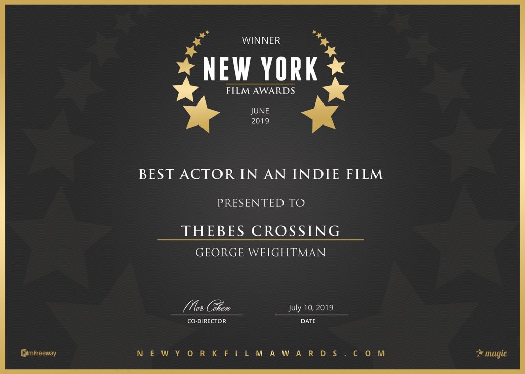 Over the moon &amp; slightly bowled over to have been awarded Best Actor in an Indie Film at the @nyfilmawards for ‘Thebes Crossing’. Thanks to <a href="/FSeliada/">Frank Seliada</a> &amp; all the cast &amp; crew!