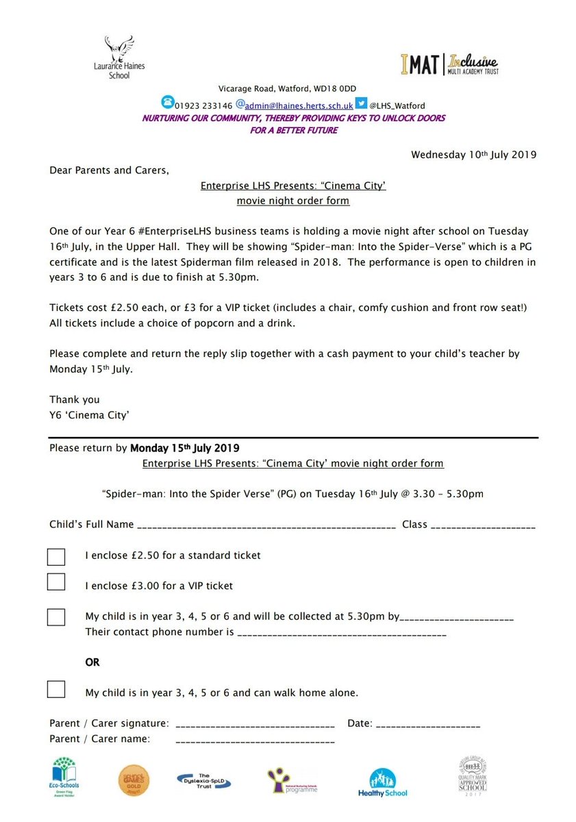 LHS_Watford's tweet photo. Years 3, 4, 5 &amp; 6 children can purchase movie night tickets. Payment must be in by Monday morning. Forms were emailed via school gateway. @MissMacqueenLHS @MrStephensonLHS @MsSimmonsLHS @HeadLHS https://t.co/9KmDoV4H2l
