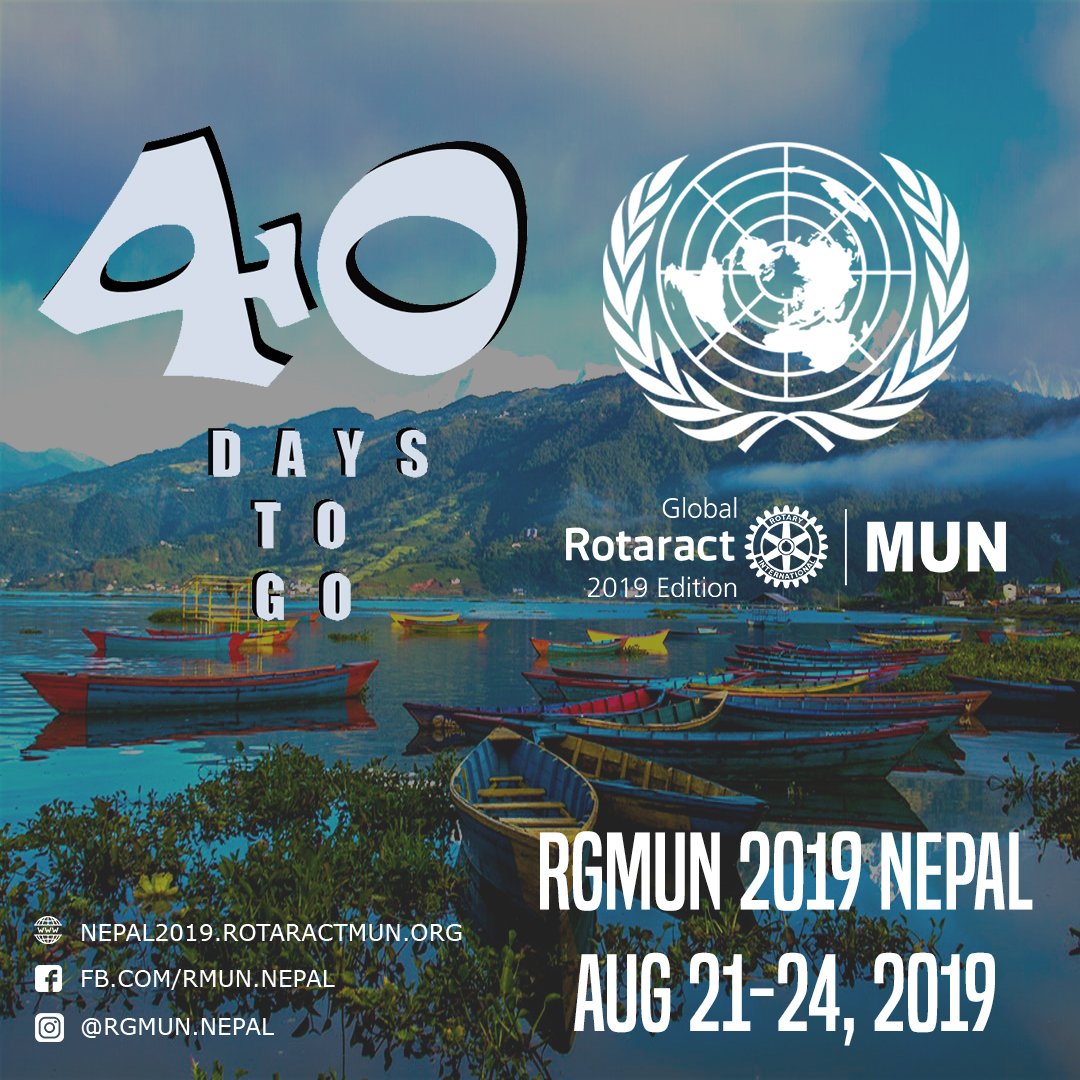 RGMUN_Nepal's tweet photo. 40 DAYS TO GO!!!

To Register and for more information please go to
https://t.co/E0zba1wAUn 

#CometoPokhara #RGMUNNepal #routepokhara #RGMUN #Rotaract #Model #UnitedNations #MUN #Pokhara #Nepal #Rotaract3292 #Register https://t.co/X0BrhxNK9v