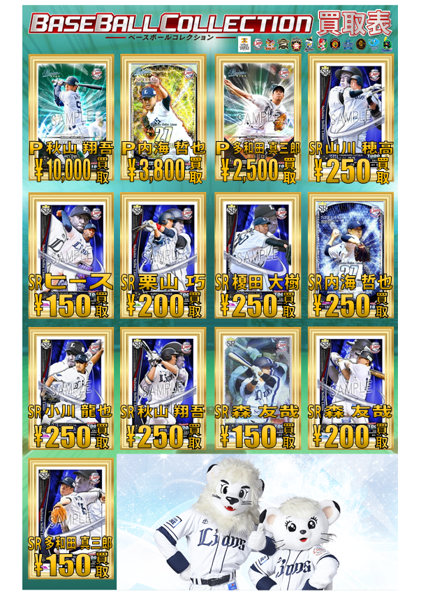 akiba5f's tweet image. 【ベースボールコレクション】買取情報！
『埼玉西部ライオンズ』、『読売ジャイアンツ』、『横浜DeNAベイスターズ』強化買取中です！
※在庫状況によって価格が変動する場合がございます。ご了承下さいm(_ _)m
#ベースボールコレクション #BBC #BASEBALLCOLLECTION