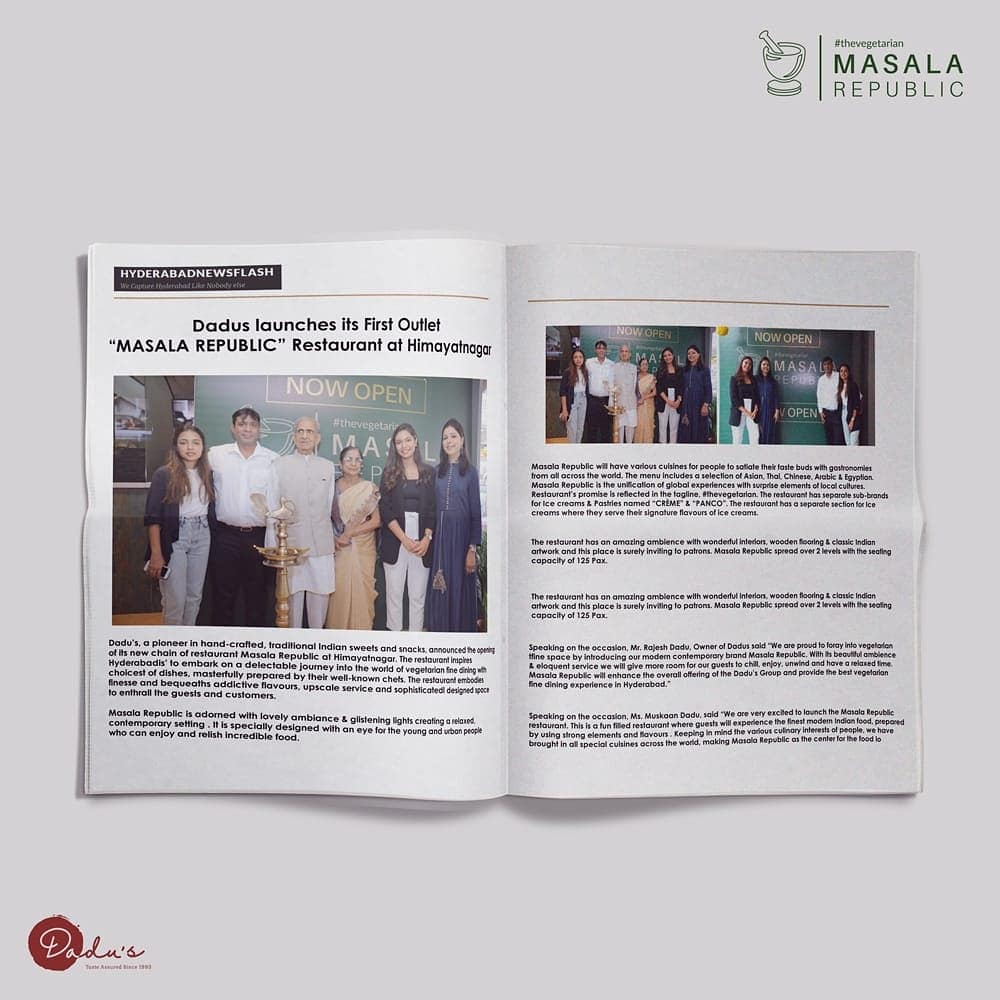 dadusMV's tweet photo. The coverage on the launch of Masala Republic at Himayatnagar keeps getting bigger! Have a look at it :) 
#NewBeginnings #NewOutlet #MasalaRepublic #thevegetarian #FusionFood #Restaurant #RestaurantByDadus #FoodiesAssemble #PlacesToEat #Himayatnagar #Hyderabad #Dadus https://t.co/TtiVFGHx2K