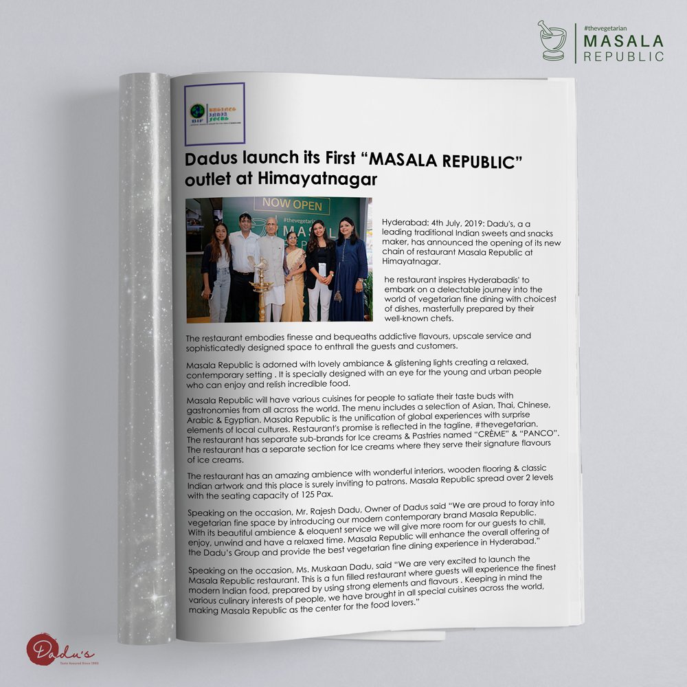 dadusMV's tweet photo. The coverage on the launch of Masala Republic at Himayatnagar keeps getting bigger! Have a look at it :) 
#NewBeginnings #NewOutlet #MasalaRepublic #thevegetarian #FusionFood #Restaurant #RestaurantByDadus #FoodiesAssemble #PlacesToEat #Himayatnagar #Hyderabad #Dadus https://t.co/TtiVFGHx2K