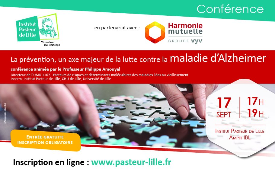 Le 17/09, à Lille, <a href="/PasteurLille/">Institut Pasteur de Lille</a> et Harmonie Mutuelle vous proposent une conférence gratuite sur “la prévention, un axe majeur de lutte contre la maladie d’alzheimer” animée par le professeur Philippe Amouyel. ➡ En savoir plus et vous inscrire : bit.ly/2XEWD3x