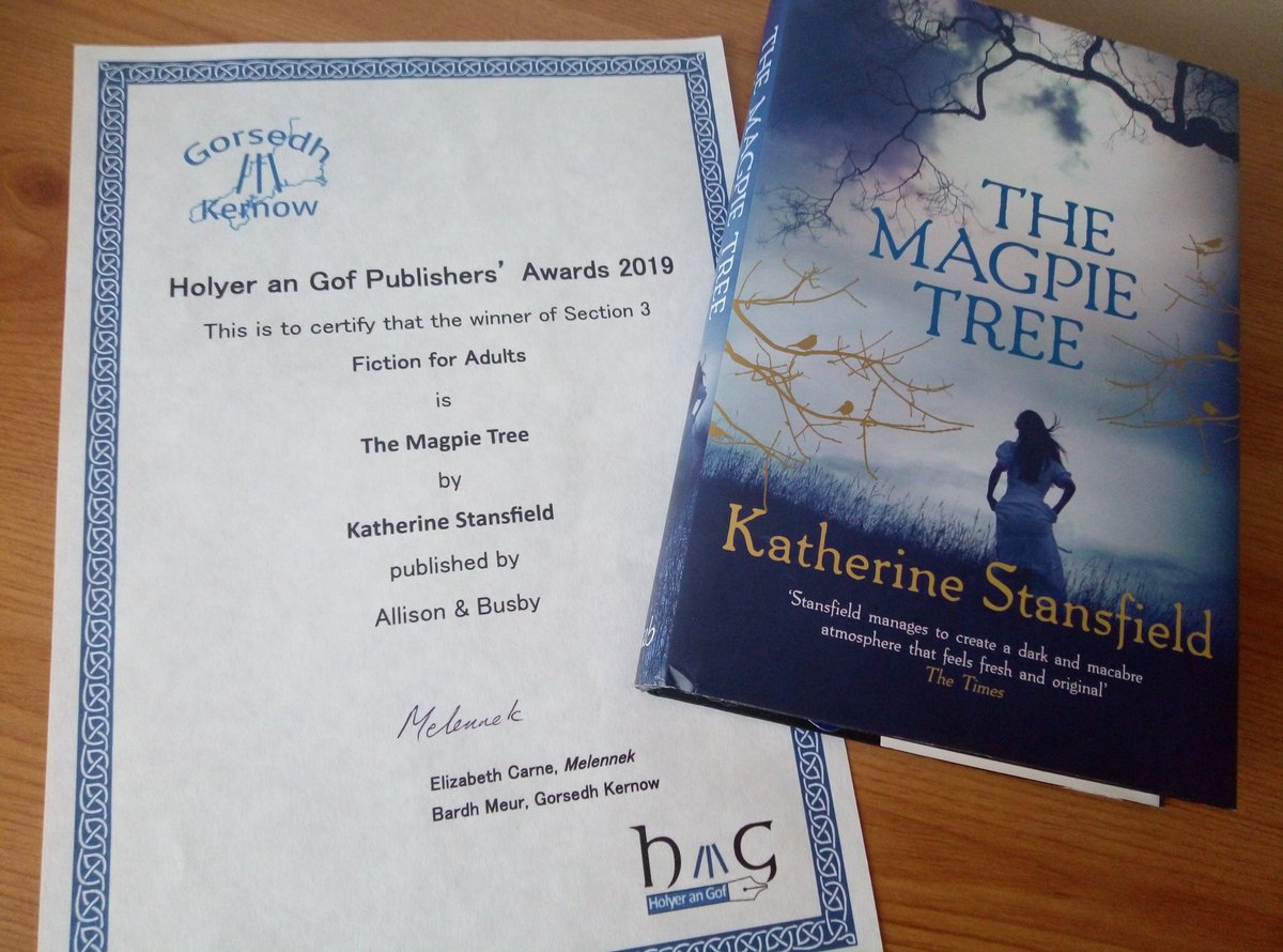 K_Stansfield's tweet photo. Last night my book won a prize! THE MAGPIE TREE, 2nd in my Cornish Mysteries series pub @AllisonandBusby took home the fiction for adults prize at the Holyer an Gof awards, which celebrates books about Cornwall. https://t.co/5ThQaTprF2
