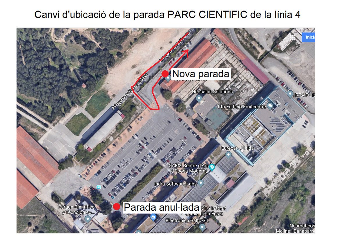 Informem que la parada Parc Científic de la L4 #Moventis_AutobusosdeLleida ha canviat la seva ubicació a la sortida del Parc. Veure mapa adjunt