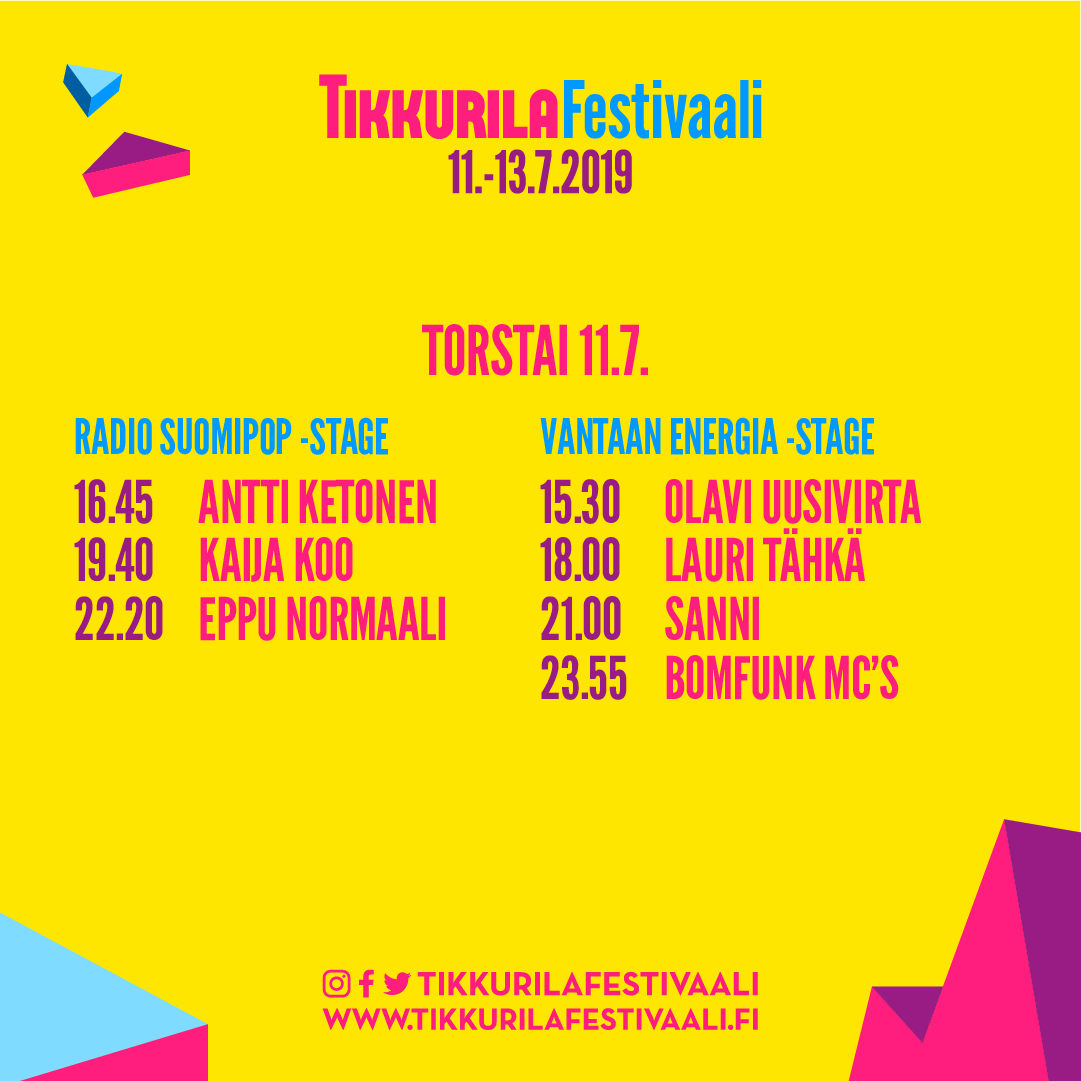 ✨TÄNÄÄN! ✨ Ootteko valmiina festarikansa? 😍 Kurkkaa tästä vielä päivitetty aikataulu torstaille ja klo 14.30 portit auki klo 14.30. Nähdään!