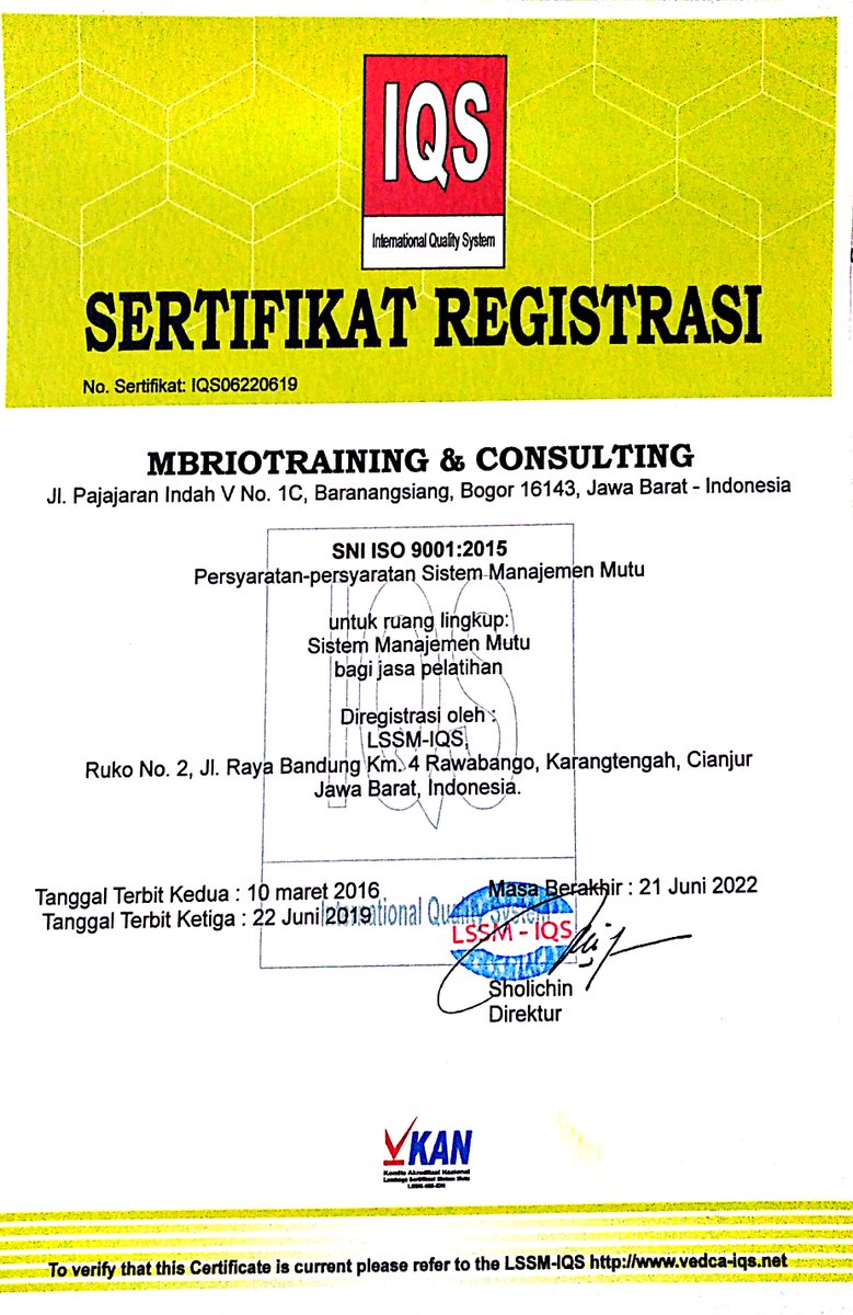 Sertifikat ISO 9001 milik MBRIOTRAINING &amp; CONSULTING