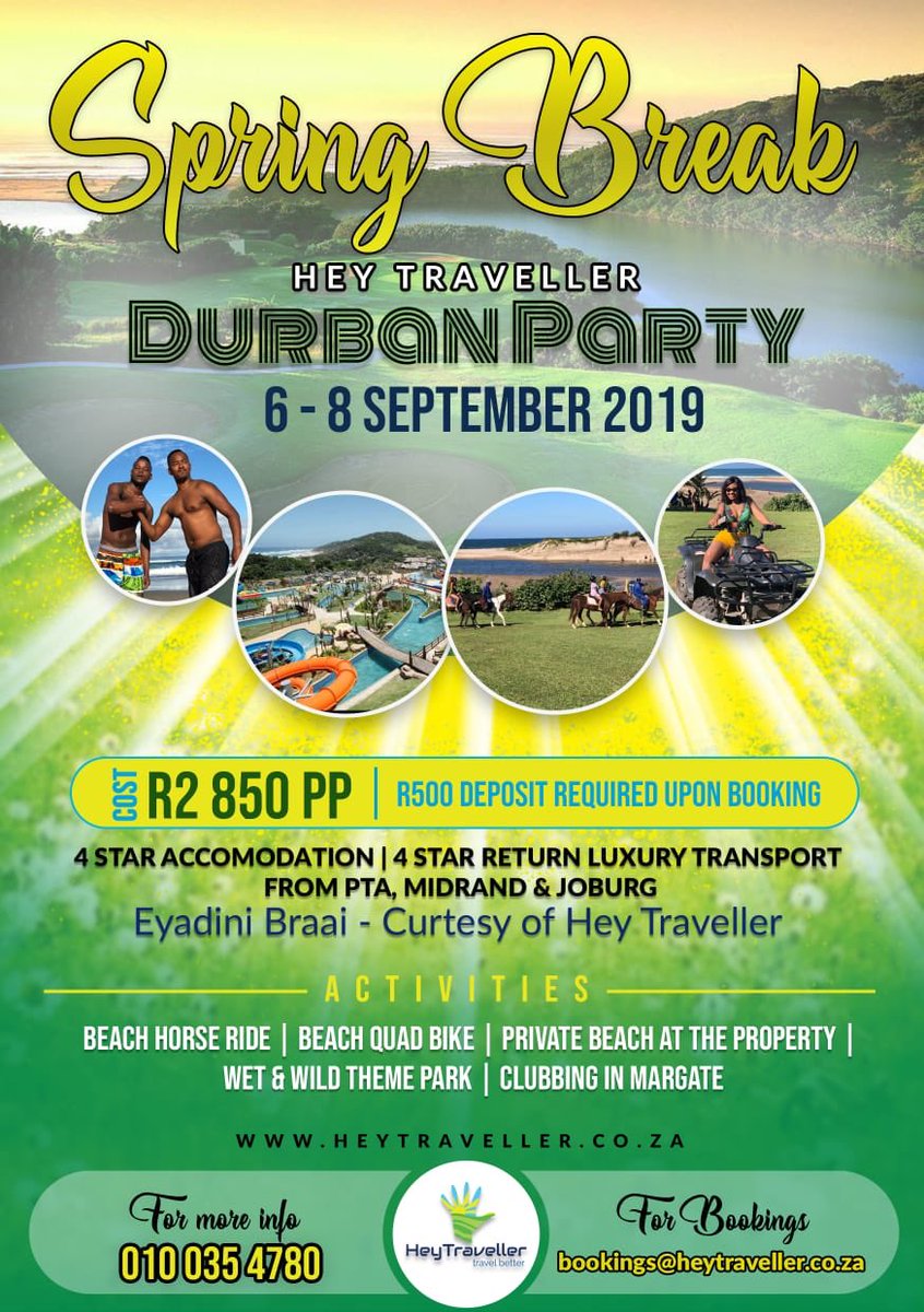 TravellerHey's tweet photo. We are at it again.  Our September spring break is back and even more exciting. We are on our way to Durban, Margate and Port Edwards.
Kindly go through details on the flyer and let us know if you have any questions.
Bookings@heytraveller.co.za
#HeyTraveller
#TravelBetter https://t.co/Cs7HgD9w63
