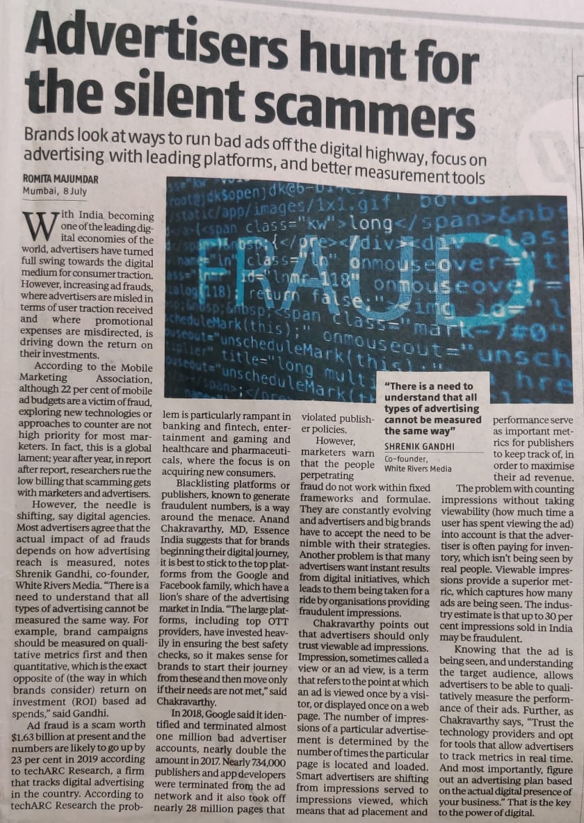 WhiteRiversM's tweet photo. #WRMinNews | @bsindia | #WhiteRiversMedia
"There is a need to understand that all types of advertising cannot be measured the same way", states our Co-founder and Chief Executive Officer, @gandhi_shrenik in an interview with @bsindia on rising number of ad frauds in India. https://t.co/xx41ohxYCe