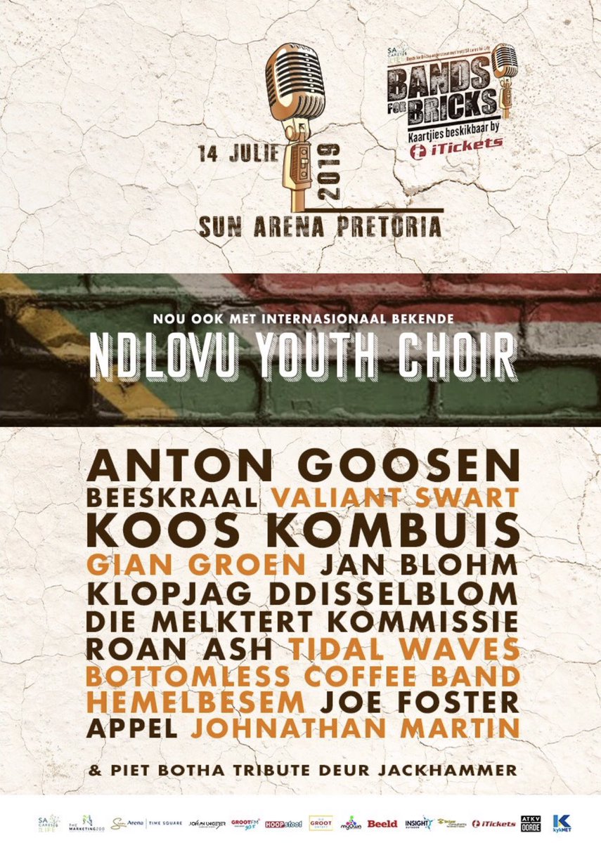 TheMarketingZoo's tweet photo. KOMPETISIE TYD:
Tyd raak min en ons is baie opgewonde oor #BandsForBricks wat Sondag plaasvind by die #SunArena.
Gaan loer gerus bietjie op The Marketing Zoo se Facebook-blad hoe jy 2x dubbel kaartjies kan wen.
Wie sien ons daar? 🎶 https://t.co/wSERDTtthW