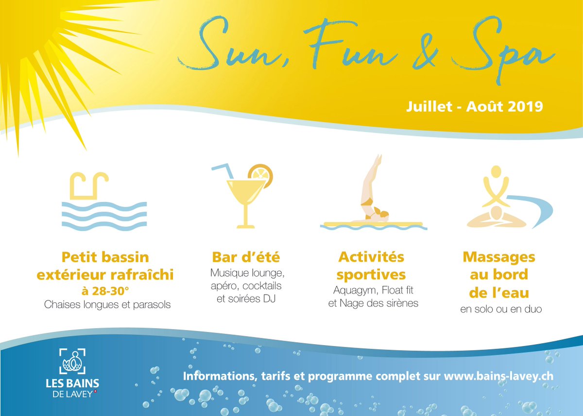 Cet été, un vent de fraîcheur souffle aux Bains de Lavey 💦☀️ Dès le 1er juillet, profitez d'un programme complet d'animations et activités estivales pour vos journées bien-être!