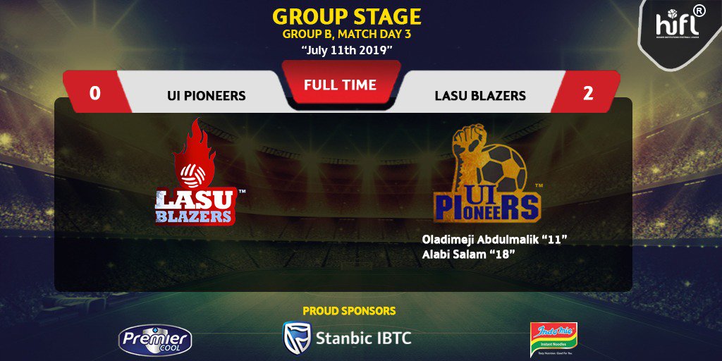 HiFLNigeria's tweet photo. Here is how it went down in the #LASUvsUI match.

Good enough, both teams as it stands right now, have qualified into the round of 16.

 #HiFL2019 https://t.co/Y7z9ZfIfMY
