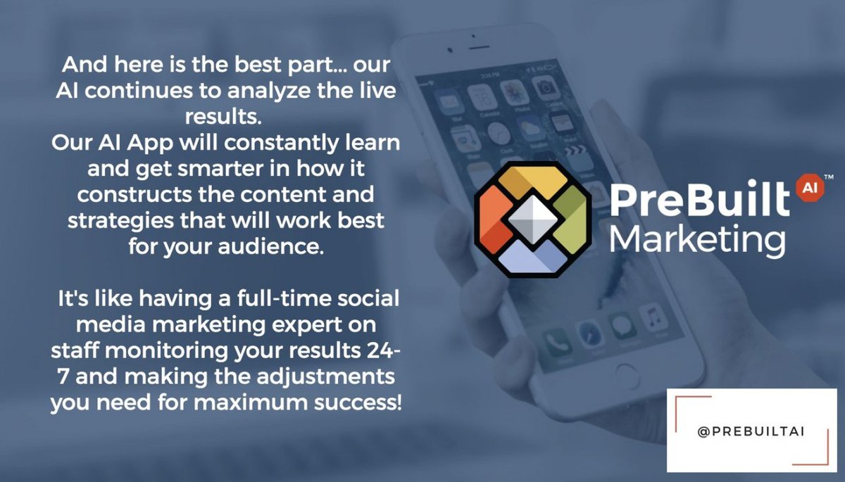 cristinl111's tweet photo. Build your audience and boost your sales. Set up AIMI, PreBuilt Marketing's artificial intelligence, to create social content to post for the next few weeks or months. Upgrade your social marketing tech now.
https://t.co/BkrDjHZAKq
#prebuiltai #worksmarter #socialmediamarketing https://t.co/Lpe3CnwwUM