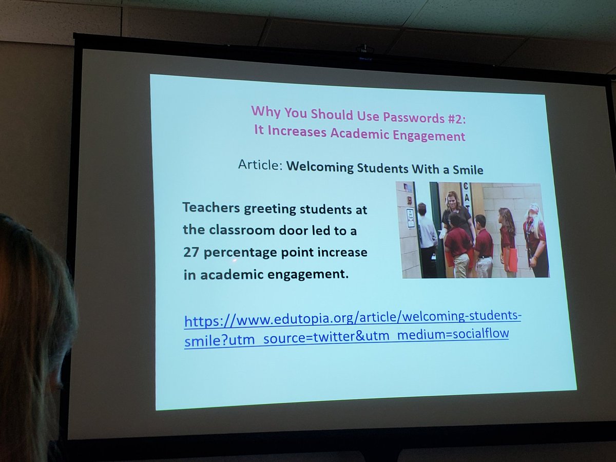 senorawashburn's tweet photo. Greeting students gets kids 27% more involved in academic engagement.  From a D+ to an A, wrap your mind around THAT.  @BryceHedstrom  #password @ntprs2019 @TPRSbooks #ntprs2019 https://t.co/kNvVx6XSiN