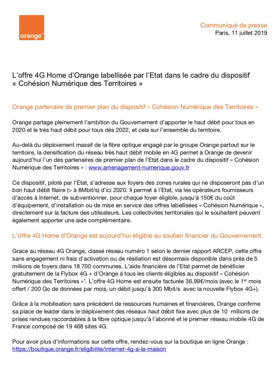 micheljumeau's tweet image. .@Orange_France partage l’ambition du Gouvernement d’apporter le haut débit pour tous en 2020 et le très haut débit pour tous dès 2022 sur tout le territoire. Orange propose l’offre #4GHome labellisée par l’Etat dans le cadre du dispositif « Cohésion Numérique des Territoires ».