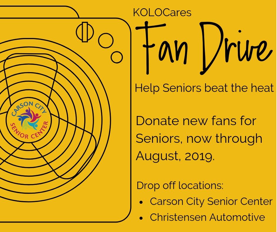 CCSeniorCenter's tweet photo. Help seniors beat the summer heat this year by contributing to the annual @KOLOCares #FanDrive . We are accepting new fan donations Monday through Friday at Christensen Automotive, the Carson City Senior Center, and the Washoe County Senior Center. https://t.co/dhSTfyStVw