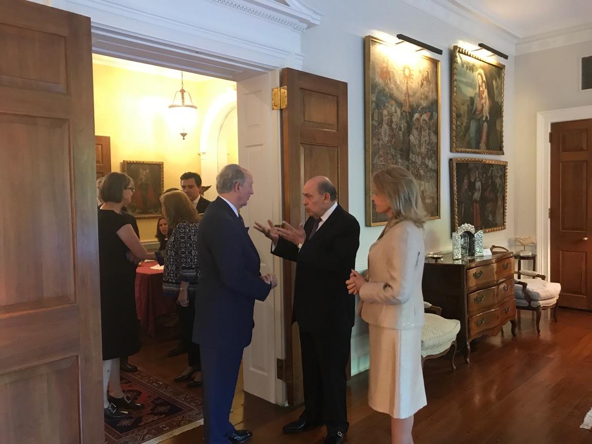 Secretary John Wobensmith and the new Peruvian Ambassador Hugo de Zela exchange spirited greetings after the presentation of his credentials to President Trump