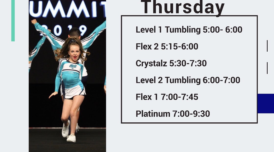 RSAllStars's tweet photo. Thursday 🤘🏼
Level 1 Tumbling 5:00- 6:00
Flex 2 5:15-6:00
Crystalz 5:30-7:30
Level 2 Tumbling 6:00-7:00
Flex 1 7:00-7:45 
Platinum 7:00-9:30
#13arockstar https://t.co/eQ6cPIGttA