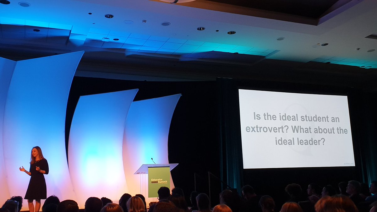 [1/5] Inspiring <a href="/susancain/">Susan Cain</a> #EdSummit2019 challenging our beliefs &amp; bias about extroverts &amp; introverts: ex 1: Effects of noise upon introverts and extroverts are not the same => every classroom should be designed to adapt to different kind of personalities