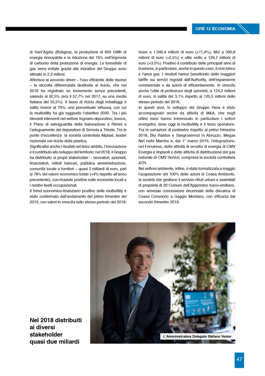 GruppoHera's tweet photo. #GruppoHera su #ORE12Economia: al centro i risultati positivi del Bilancio 2018 e i numeri del primo trimestre 2019. In evidenza anche l'impegno per la #sostenibilità, testimoniato dagli investimenti in energia, raccolta differenziata, #innovazione, ambiente #ValoreCondiviso https://t.co/zTOXiZQMbB
