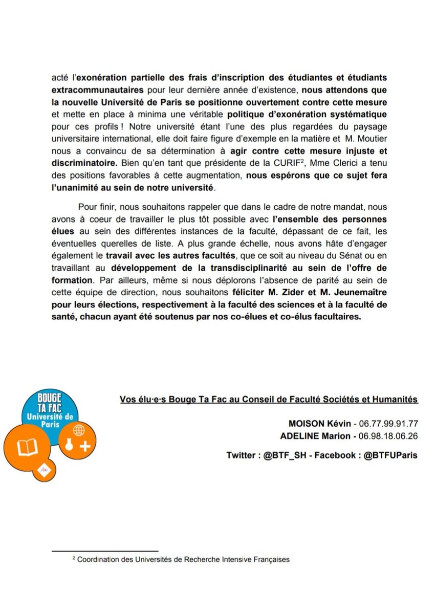 BTF_SH's tweet photo. Comme promis, nous revenons avec un communiqué explicitant notre position quant au vote du doyen de la faculté Sociétés et Humanités de @Univ_Paris ! Un choix important pour les #étudiant.e.s ! #LetUsStudy
➡️ Retrouvez également le communiqué des élu.e.s @BTFSciences ! https://t.co/uWPnUAfAWi