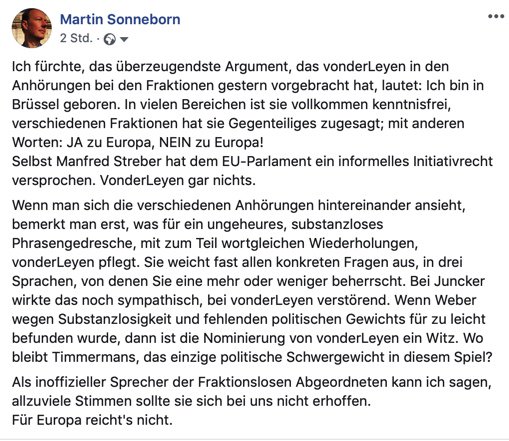 MartinSonneborn's tweet photo. Kurze Anmerkung zur Vorstellung vonderLeyens gestern im Europäischen Parlament... Dienstag ab 18 Uhr wird es spanndend - aber vorher dürfen Nico und ich ihr noch Fragen stellen... ZwinkerSmiley
Europa nicht den Leyen überlassen! https://t.co/8q2y5gNNkA