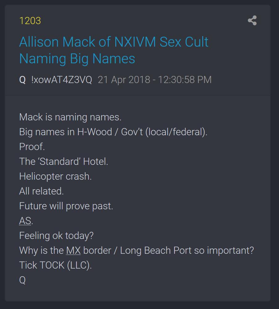 Mack is naming names.Big names in H-Wood / Gov’t (local/federal).Proof.The ‘Standard’ Hotel.Helicopter crash.All related.Future will prove past.[Adam Schiff]Feeling ok today?Why is the MX border / Long Beach Port so important?Tick TOCK (LLC).Q #QAnon  #RayChandler