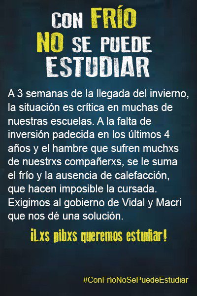 conhambre_no's tweet photo. Realizamos #Frazadazos en las escuelas para exigirle al gobierno de Macri y Vidal una solución.

En pleno invierno, reducen la jornada escolar porque en nuestras aulas no tenemos gas. 

Lxs pibxs queremos estudiar!

#ConFríoNoSePuedeEstudiar https://t.co/spxtNqiG8B