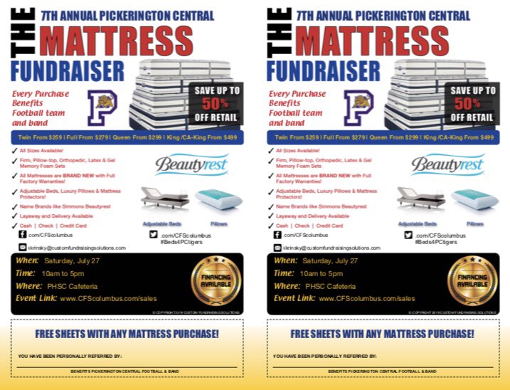 7th Annual Pickerington Central Mattress Sale: Benefits Pickerington Central Football and Band.

When: Saturday July 27
Time: 10:00 am - 5:00 pm
 Where: Pickerington High School Cafeteria
Information:
cfscolumbus.com/sales/pickerin…