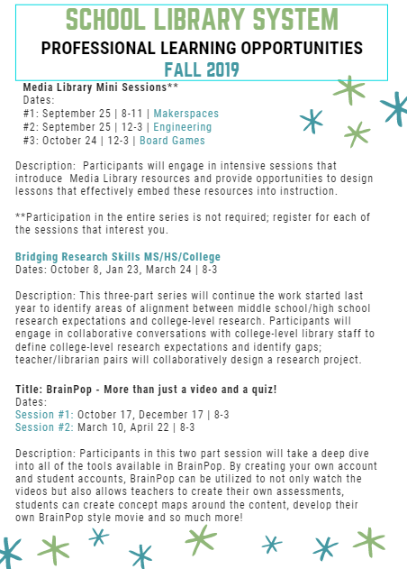 thebookteacher's tweet image. Calling all #btlibrarians &amp;amp; teachers in the B-T BOCES region. Here is a list of PL sessions being offered by your #btsls this fall. Take a minute &amp;amp; check it out-there is something for everyone, including BrainPop sessions for Spanish &amp;amp; ELL teachers. tinyurl.com/btslsfallpd