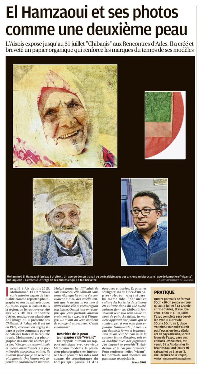 Med_ElHamzaoui's tweet photo. Merci à @laprovence pour cet article sur mon exposition à #Arles et mon travail photographique sur le papier vivant #thépiderme paru dans son édition de mardi.
L'exposition 12 rue Jouvène se poursuit jusqu'à dimanche avant de se prolonger au 1 place Voltaire dès lundi https://t.co/ogmU5RpRof