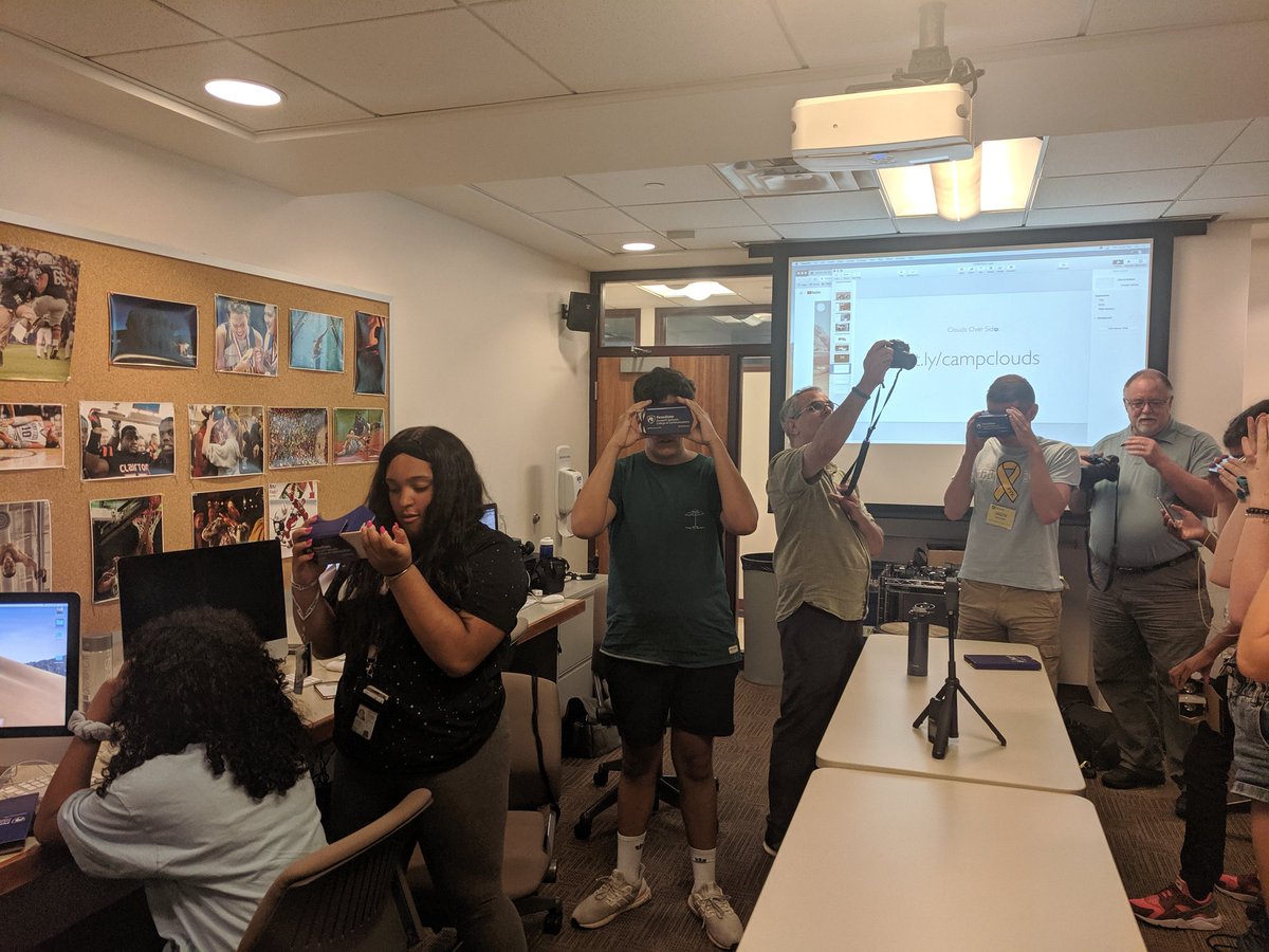 PSUCommCamp's tweet photo. Reality can be whatever we want with VR! Putting on goggles from @PSUBellisario to explore the use of virtual reality in journalism to create empathy 🌈 #DJC2019 https://t.co/8x54gtwX0t