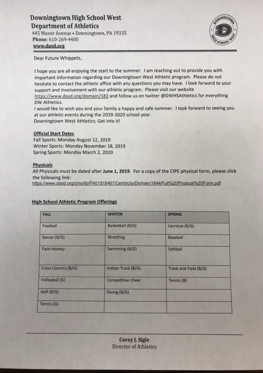 DWHSAthletics's tweet photo. Interested in being an Student-Athlete at DWHS? Please see the attached information or contact the athletic office for details. Fall sports officially start on Monday August 12 (Football August 5). West Athletics; Get into it! @dasd_dhsw @DASD_Schools https://t.co/lLjVph3bnH