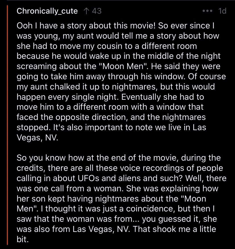TheZignal's tweet photo. Quite a few UFO and Abduction stories in this Reddit thread. I’ve attached one here. Worth a look.
#UAP #UFO #Abduction #MoonMen #FourthKind #FireInTheSky
https://t.co/Rwvav6Qe2S https://t.co/c1uvwjkRv5
