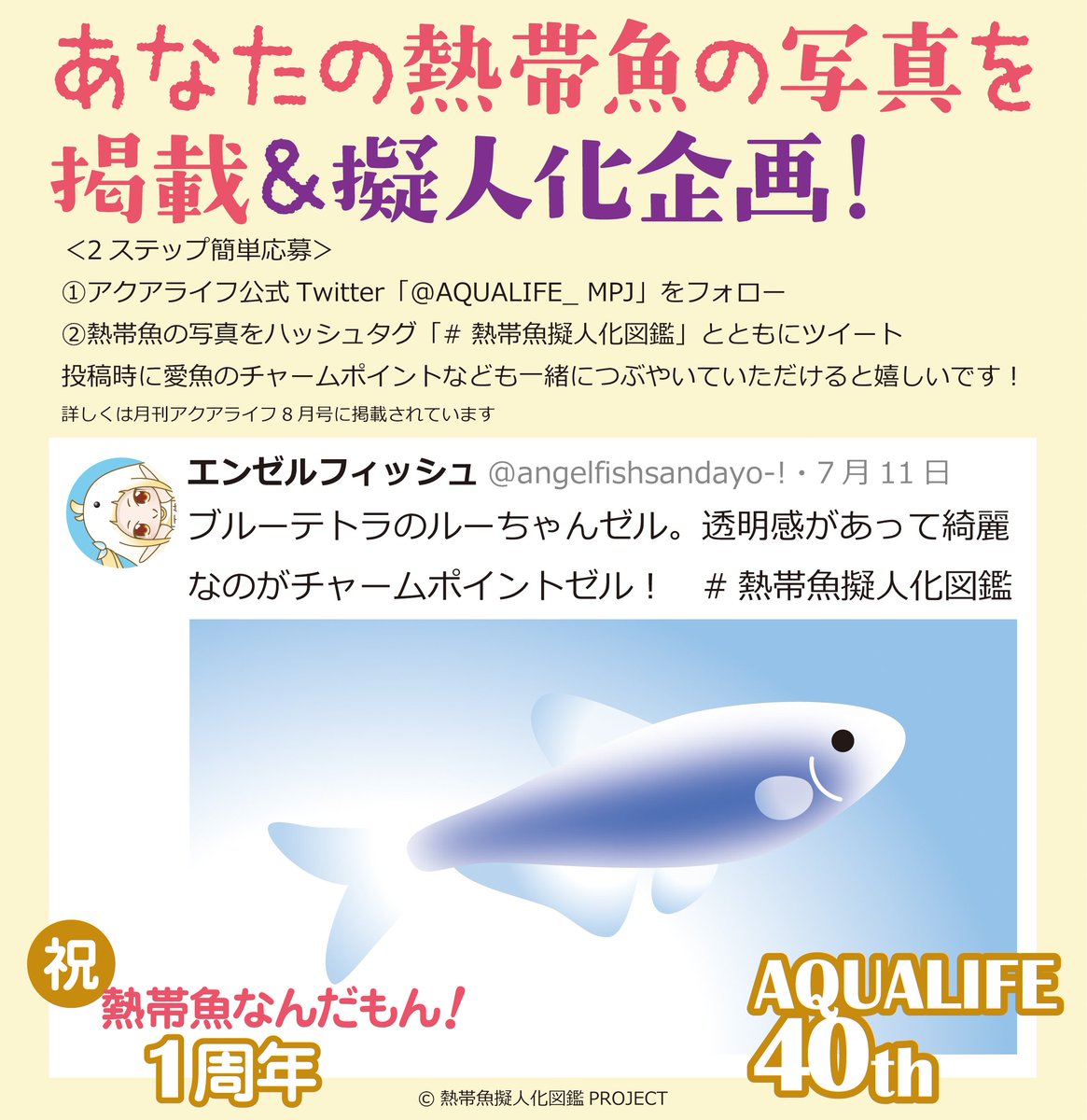 月刊アクアライフ編集部 熱帯魚擬人化図鑑 Al40th 連載1周年を記念して 読者の皆さまが飼育している熱帯魚の写真を大募集 ご応募いただいた写真のうち1点を 熱帯魚擬人化図鑑 イラストレーターみるさん Feutremille が擬人化イラストにして