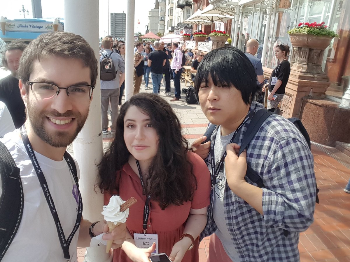 Bumped into <a href="/TDKitchen/">TheDangerousKitchen</a> at <a href="/developconf/">Develop:Brighton 2025</a> yesterday, got a photo with two thirds of them. Was great to catch up and hear that they're working on exciting new projects! #IndieGameDev