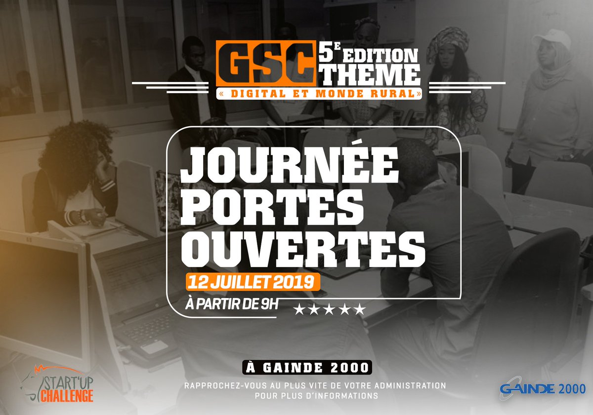 C’est parti pour une nouvelle édition du GAINDE START UP CHALLENGE ! Le thème de cette année tournera autour du « Digital et monde rural ». 
A cette occasion une journée Portes Ouvertes sera organisée ce Vendredi 12 Juillet 2019 dans les locaux de GAINDE 2000 à partir de 9H.