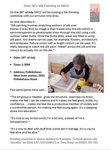 SWCC7's tweet image. Silk Painting for over 50s! Join us at SWCC on the 16th of July for a fun, relaxing and creative session with our professional art tutor! 🤩 Spaces going fast so call ahead to reserve your spot!