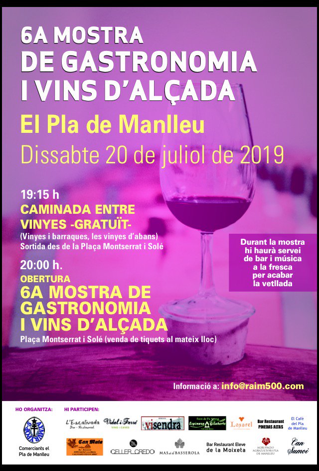 Per sisè any consecutiu tornem a fer la Mostra de gastronomia i vins d'alçada del Pla de Manlleu.
Per superar l'èxit d'anys anteriors, us hi esperem a tots i totes el proper Dissabte 20 de Juliol!
#penedes500 #vinsdalçada #conaltura #enopenedes #zona500