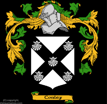 Conley. Origins of name uncertain. Mainly a surname, from Ó Conghalaigh, "fierce as a wolf" esp in 1679 Monaghan! 1st name may mean "prudent fire"! May be link with St Conleth (d. 519); made liturgical vessels for St Brigid but devoured by wolves while travelling to Rome!